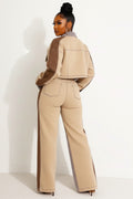 Seam Detail Patchwork Crop Jacket Wide Leg Pants 2pcs Set-Beige