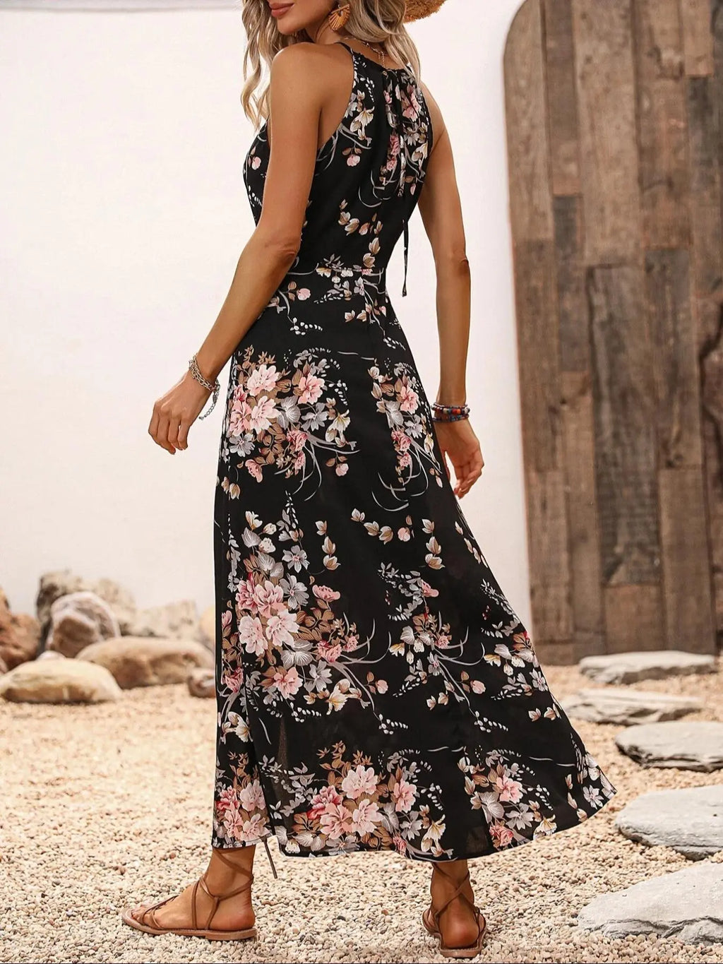 Women's Floral Print Split Thigh Halter Dress, Elegant Chic Boho Style Tie Back Design Long Dress for Spring Summer Fall, Bohemian
