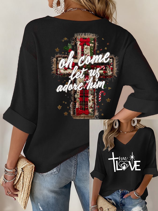 Women's Christmas waffle long-sleeved T-shirt