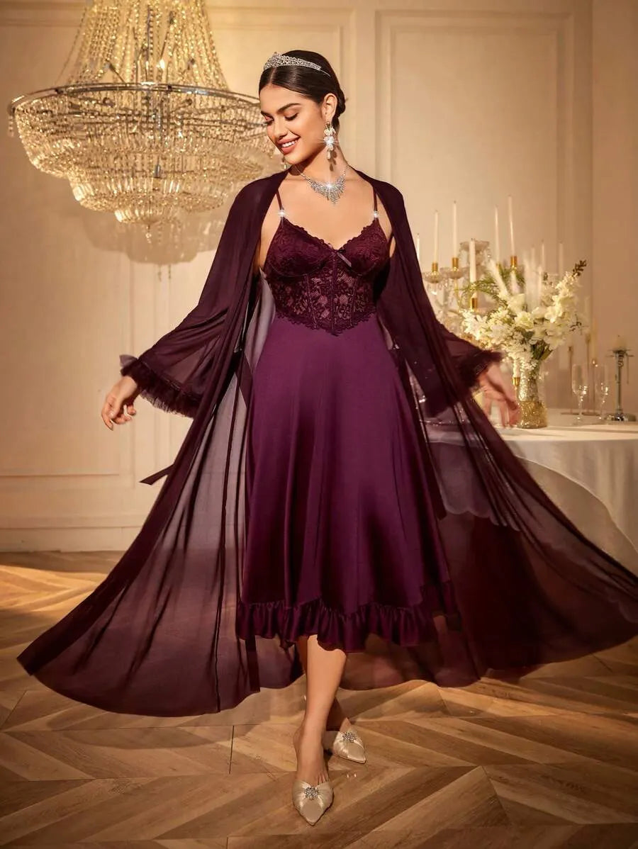 Slumberist 2pcs/Set Fishbone Design Waist Lace Camisole Nightgown + Floral Trim Wide Sleeve Mesh Robe