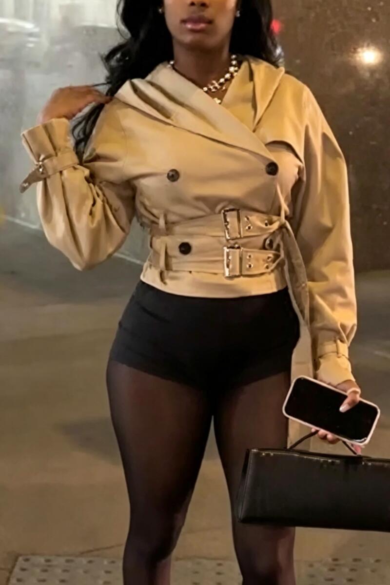 Women Collar and Waist Double Breasted Casual Jacket