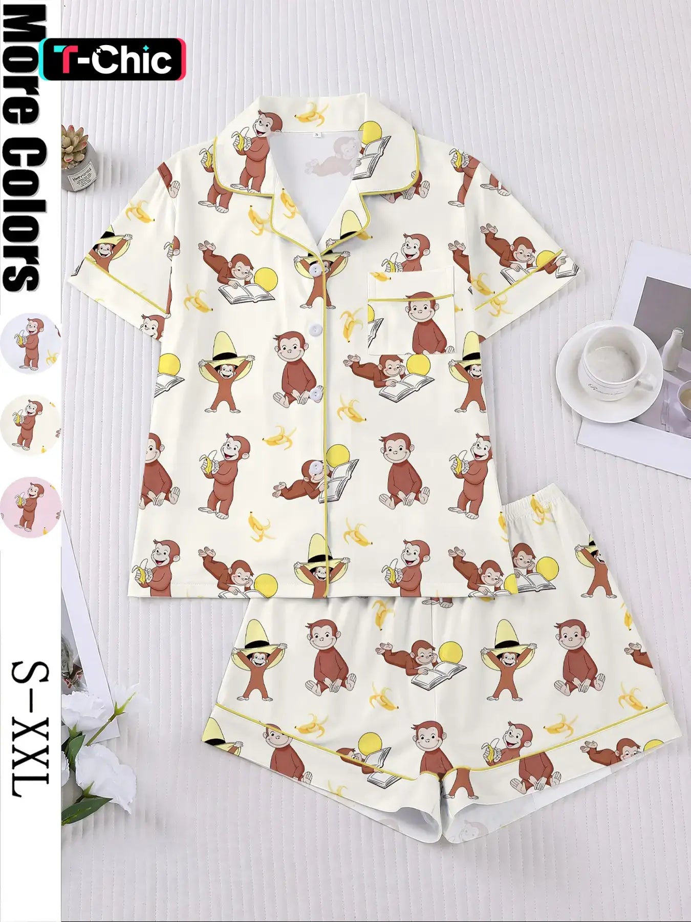 Women's Monkey Banana Print Sleepwear Set, Comfortable Short Sleeve Button Shirt & Loose Elastic Shorts, Fashion Casual Home Wear, Pajama Set, Matching Pj Set, Sleepwear Pajamas Set
