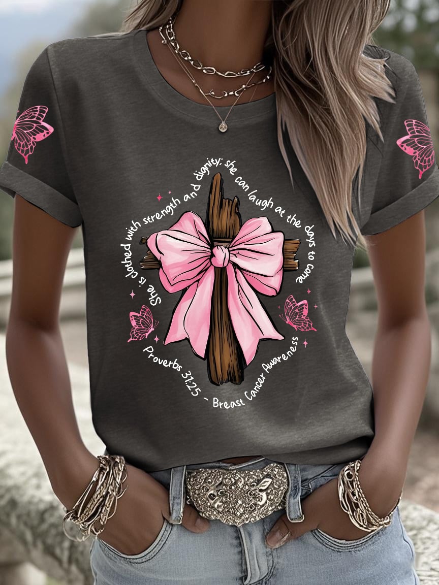 Retro Breast Cancer Awareness Faith Cross Pink Ribbon She Is Clothed With Strength And Dignity; She Can Laugh At The Days To Come Proverbs 31:25 Print T-Shirt
