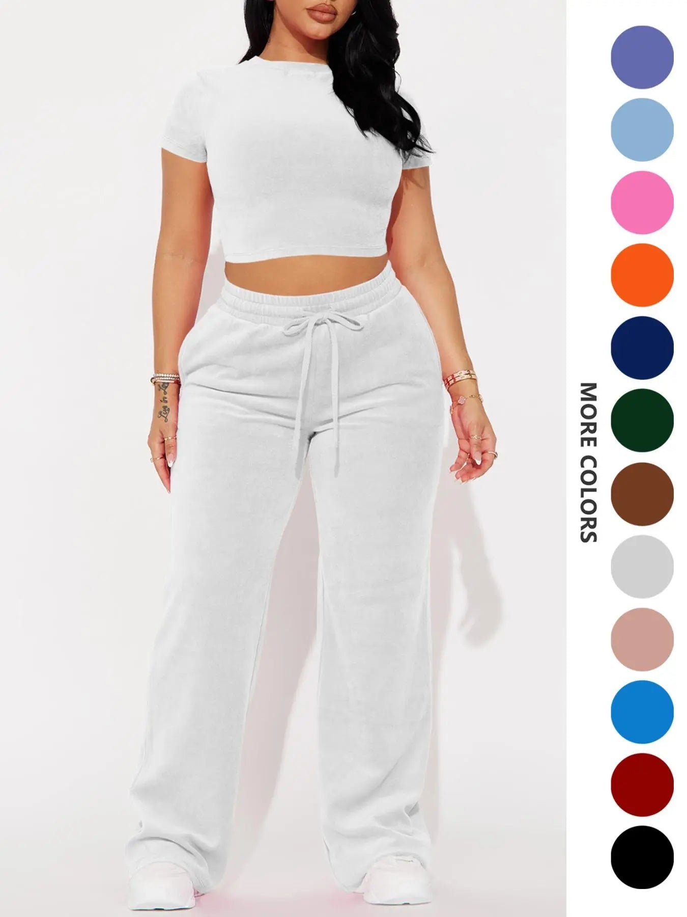 Two-piece Set Women's Solid Crop Tee & Drawstring Waist Pants Velvet Set, Casual Short Sleeve Round Neck T-shirt & Elastic Waist Trousers, Ladies Summer Clothes, Casual Matching Set