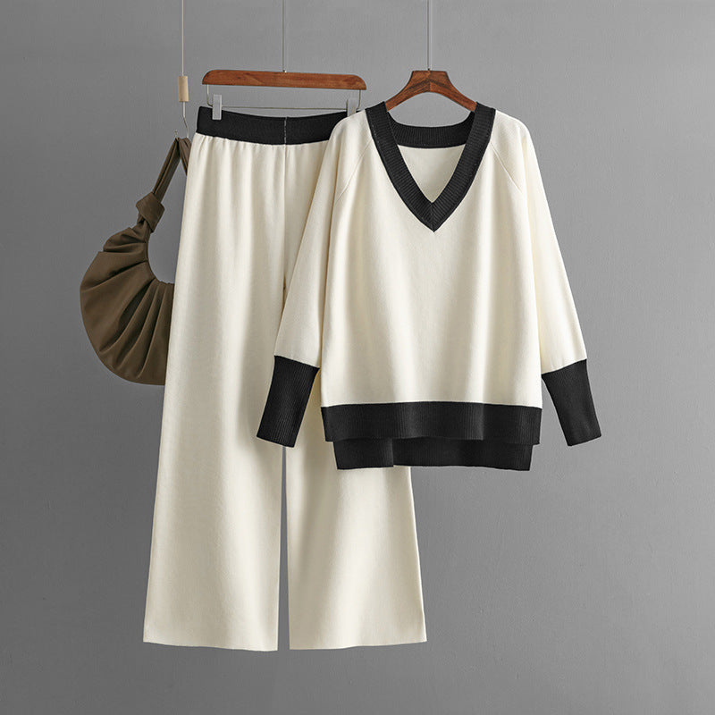 Casual V-Neck Contrast Top & Wide-Leg Pants Two-Piece Set