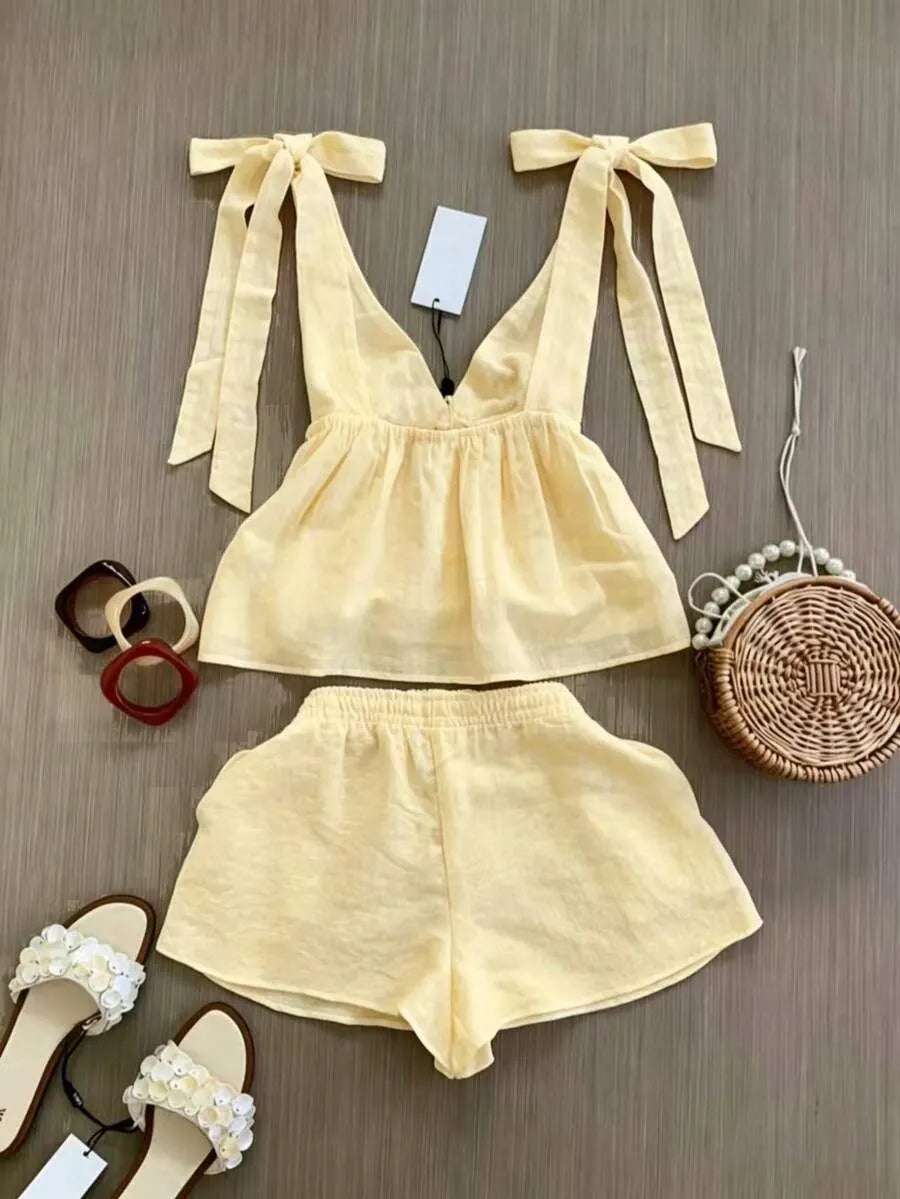 Spring/Summer Women's Fashion Set, Sleeveless Top With Elegant Tie Design, Strappy Shorts Vacation Set, Daily Casual Wear