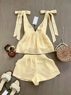 Spring/Summer Women's Fashion Set, Sleeveless Top With Elegant Tie Design, Strappy Shorts Vacation Set, Daily Casual Wear