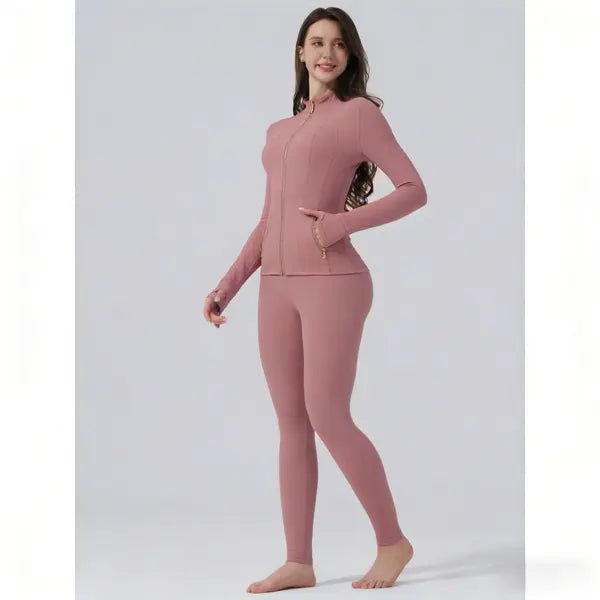 【Golden Zipper】Soft Brushed Women's Sport | Yoga | Quick-dry | Workout Jacket & High Waisted Cropped Leggings. Golden Zipper Jacket with Pockets, Yoga Pants, Thumbholes Design, Casual Slim fit Wear for Women