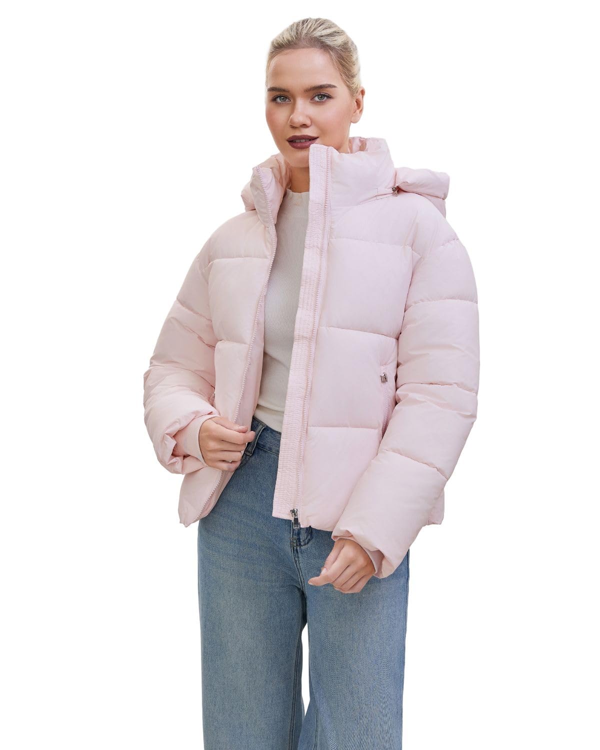 Warm Core Premium Short Puffer Jackets with Removable Hood & Optional Faux Fur Linging, Lady Casual Outerwear Longsleeves Zip Pockets Warm Quilted Coat