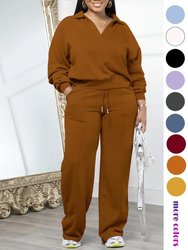 Women's Sets 2 Piece Outfit Long Sleeve Lapel V Neck Sweatshirt and Drawstring Wide Leg Pants Sweatsuits