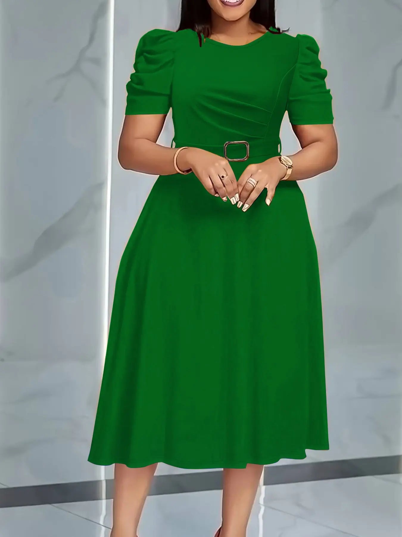 Summer Camel Bubble Sleeve Midi Dress with Waist Belt