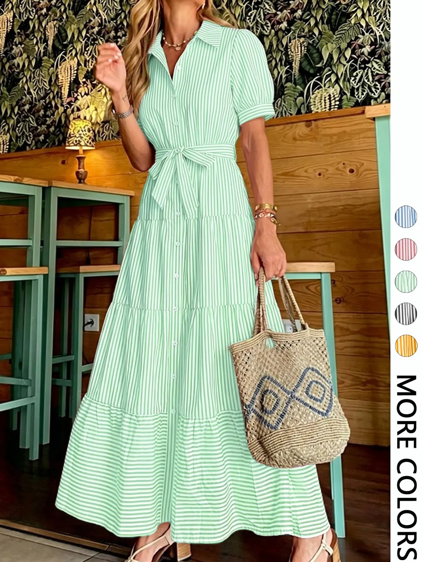 Women's Striped Print Adjustable Belted Button Dress, Elegant Chic Casual Fashion Long Dress for Summer, Breathable Lightweight Dress, Women's Clothing for Daily Wear, Fit, Womenswear, Maxi