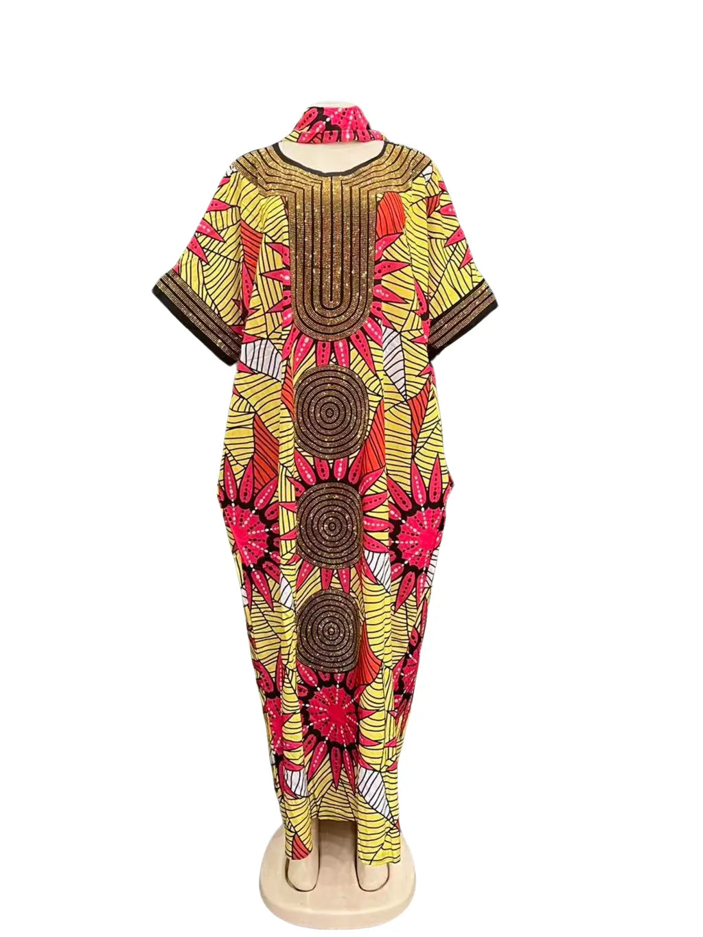 New high-end party rhinestone loose large-size casual traditional ethnic boubou kaftan women's dress Style, elegant and classy, plus-size party, holiday, daily wear, women's beach vacation summer dress with scarf and pockets 2026 Print