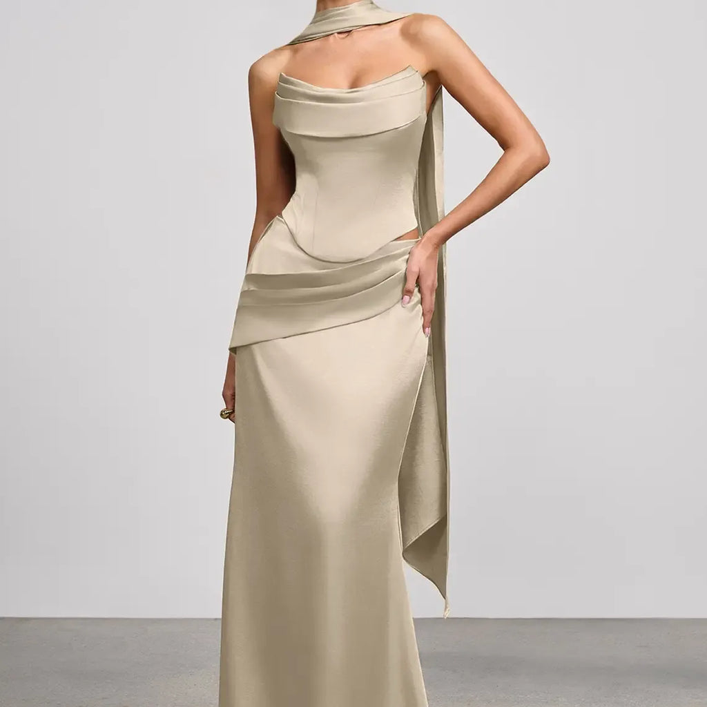 Azazie Sorrel Corset Lace-up Mermaid Wedding Guest Evening Luminous Satin Maxi Dress Minimalist