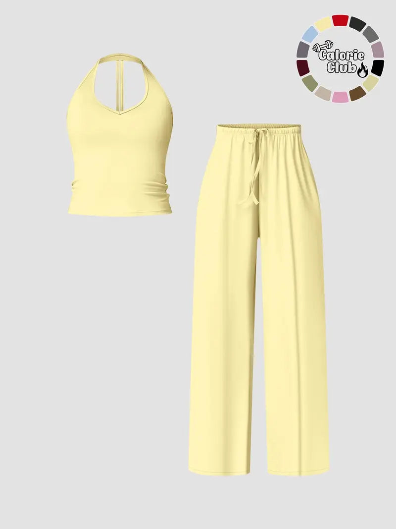 Women's Solid Crop Tank Top & Wide Leg Pants Set