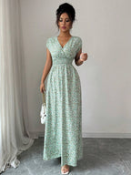 Elenzga Women V-Neck Allover Print Casual Long Dress