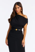 Alana One Shoulder Sweater Maxi Dress - Black