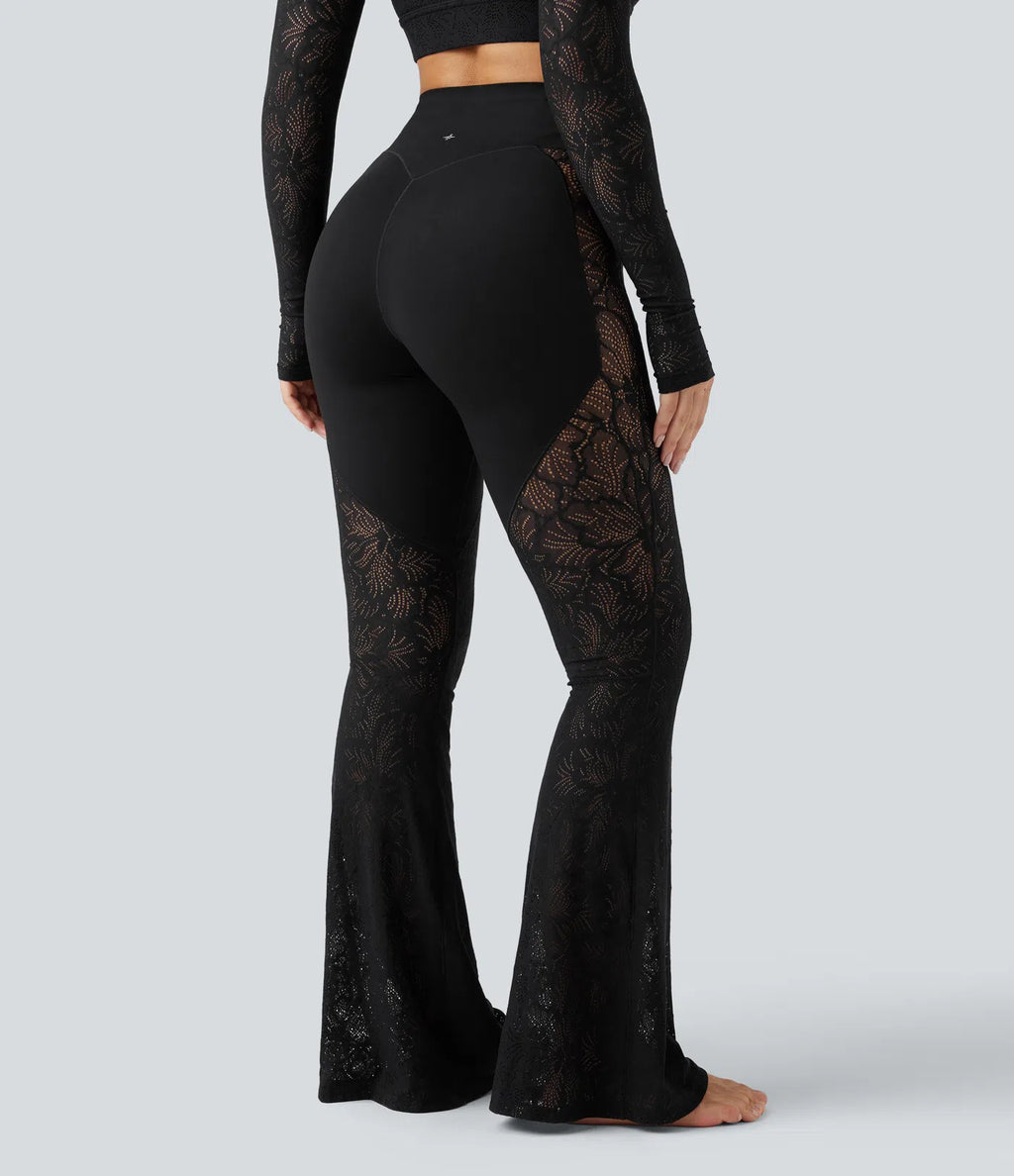 UltraSculptTM High Waisted Tummy Control Contrast Lace Yoga Flare Leggings with Pocket