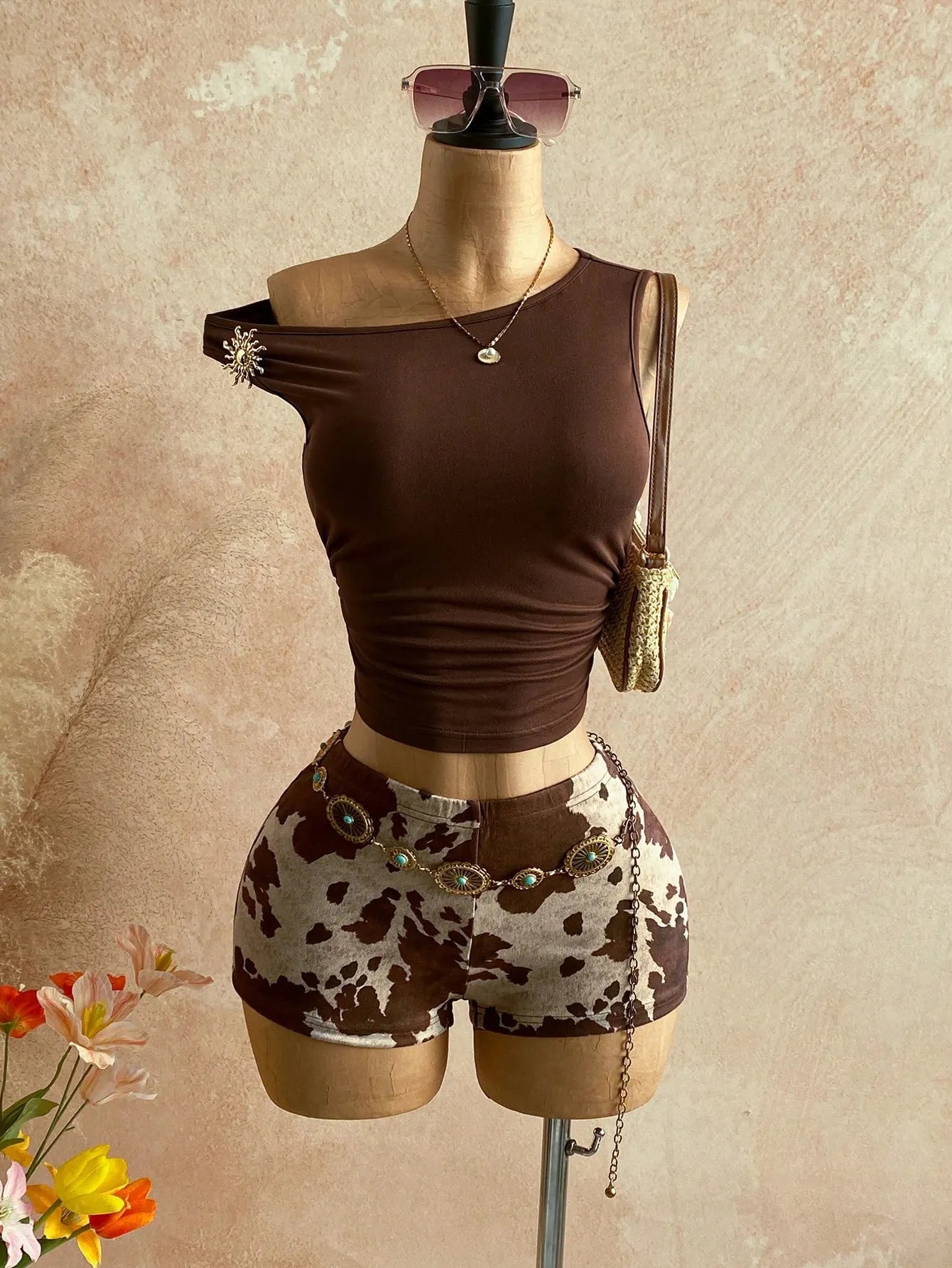 Soleia Women's 2 Pieces Set Brown Striped Summer Boho Beach Vacation Holiday Holiday Asymmetrical Shoulder Fuzzy Textured Knit Backless Floral Cheetah Print