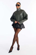 Liandra Faux Leather Funnel Neck Bomber Jacket - Olive