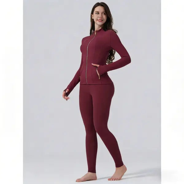 【Golden Zipper】Soft Brushed Women's Sport | Yoga | Quick-dry | Workout Jacket & High Waisted Cropped Leggings. Golden Zipper Jacket with Pockets, Yoga Pants, Thumbholes Design, Casual Slim fit Wear for Women