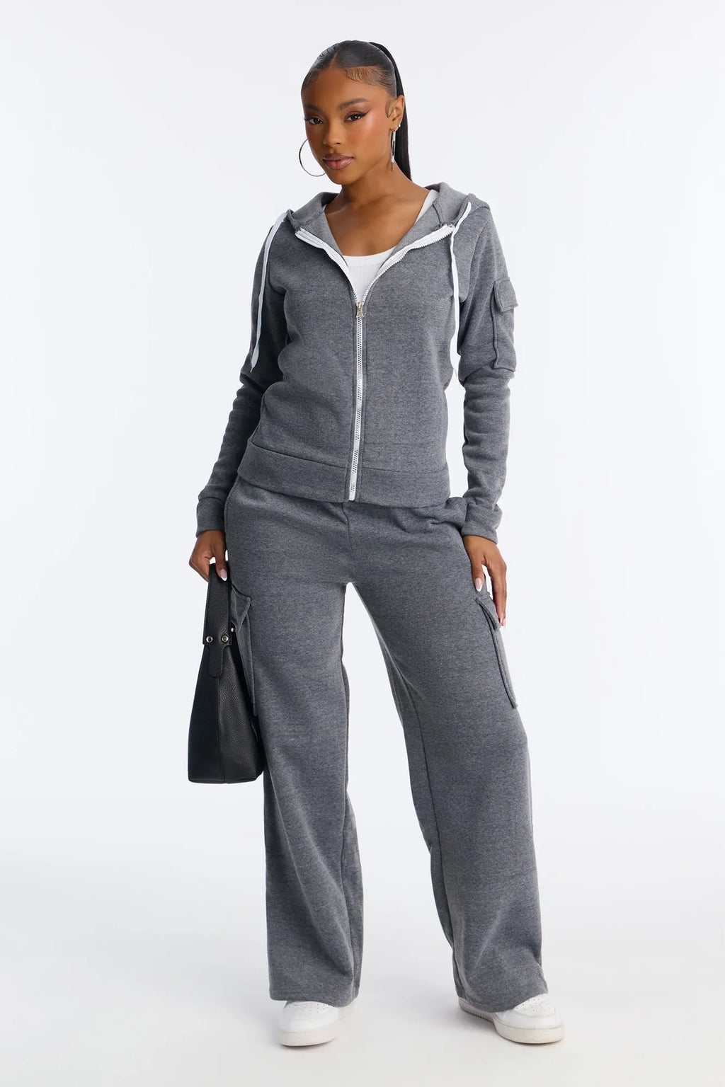 On The Run Cargo Fleece Pant Set - Black