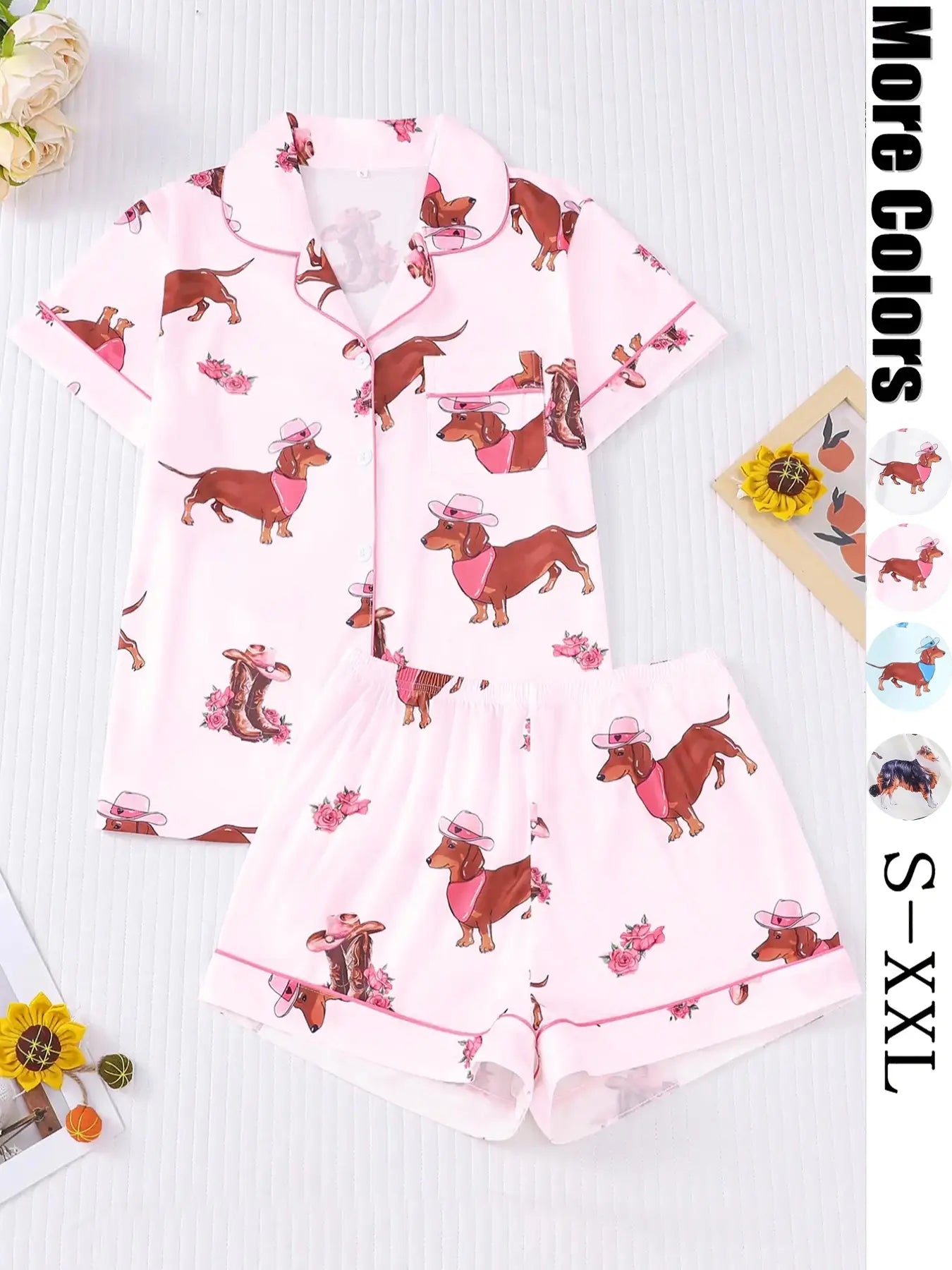 Women's All Over Dachshund Print Shirt & Elastic Waist Shorts Pyjama Two-piece Set