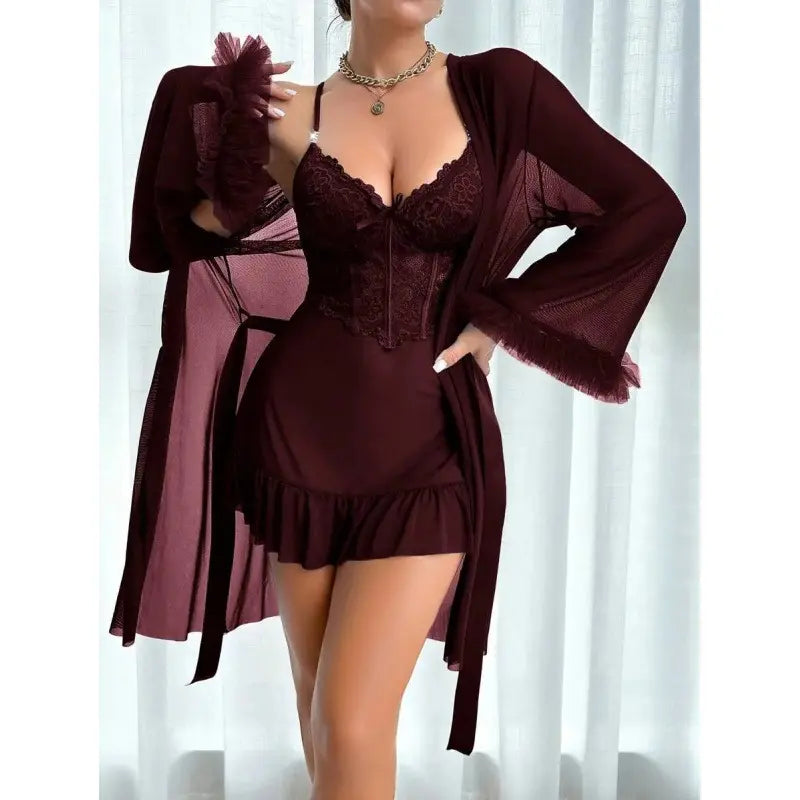 RRJ 2pcs/Set Fishbone Waistline Design Lace Cami Nightgown And Wide Sleeve Floral Lace Trim Mesh Robe lingerie women