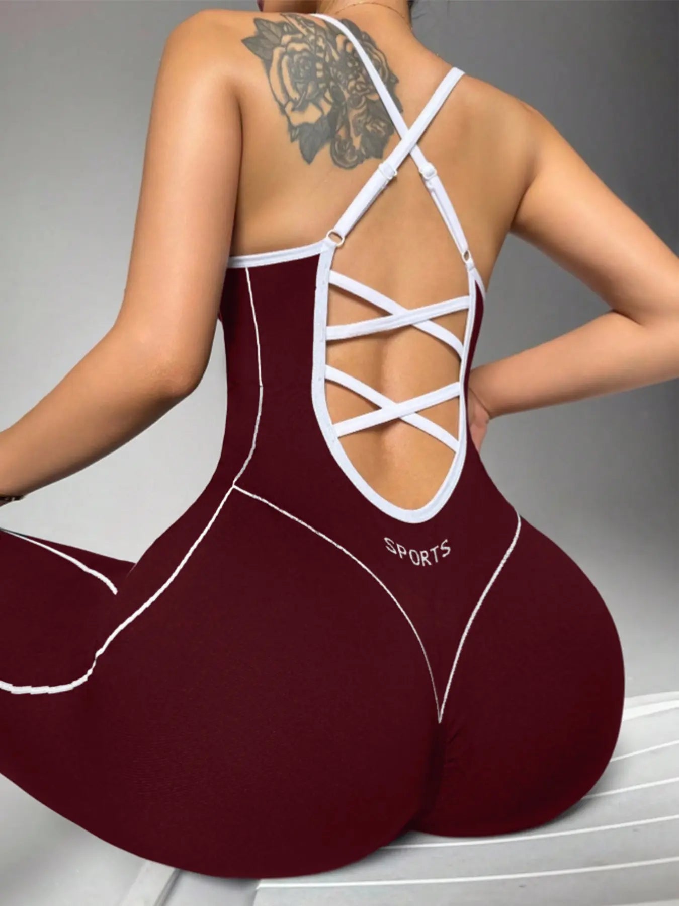 Women's Seamless High Stretch Knit Halter Sporty Jumpsuit Tight Fit Nine-Quarter Pants, Back Cross Shoulder Straps, Outdoor Cycling Gym Yoga Daily Wear