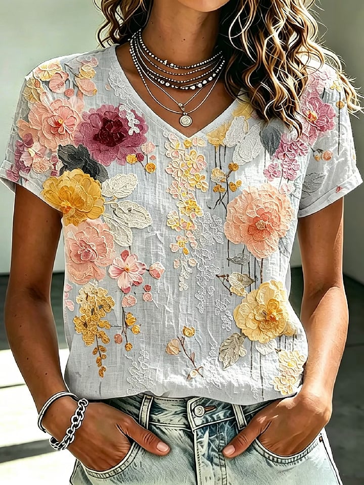 Women's Casual Retro Short-Sleeve Top with Floral Breast Cancer Awareness Print