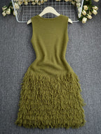 Elegant Knitted Bodycon Dress, Summer Vacation Fringe Skirt