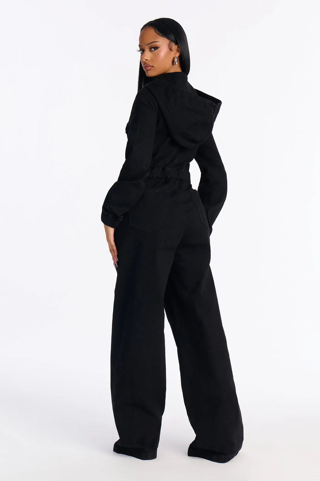 For The Hustle Hooded Utility Denim Jumpsuit - Black
