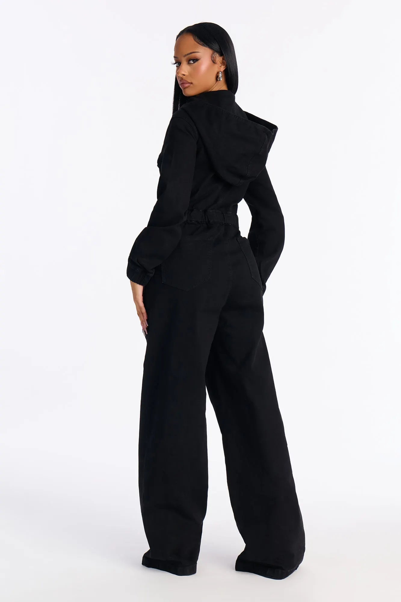 For The Hustle Hooded Utility Denim Jumpsuit - Black