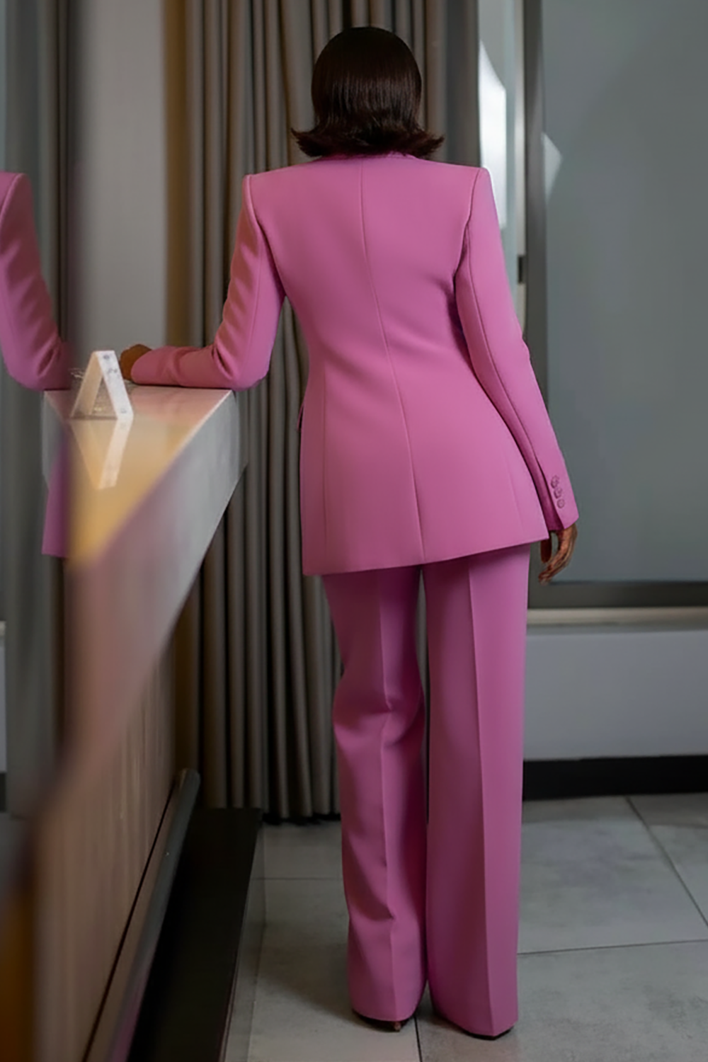 Shawl Collar Cinch Waist Blazer Solid Color Pants Set-Pink [Pre Order]