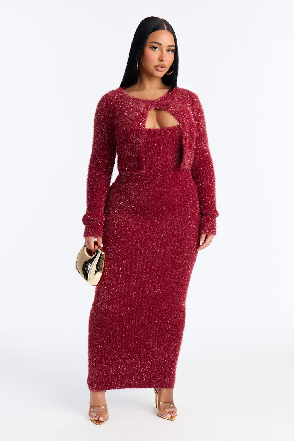 Cozied Up 2 Piece Maxi Dress Set - Burgundy