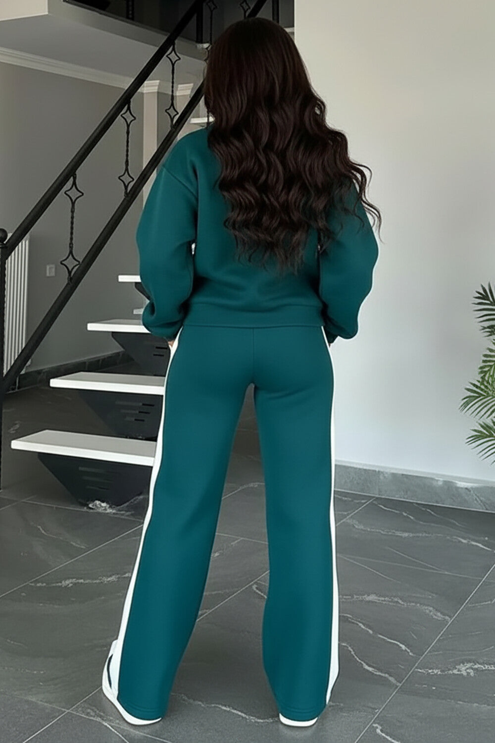 Long Sleeve Track Jacket Colorblock Striped Pants 2pcs Set-Teal [Pre Order]
