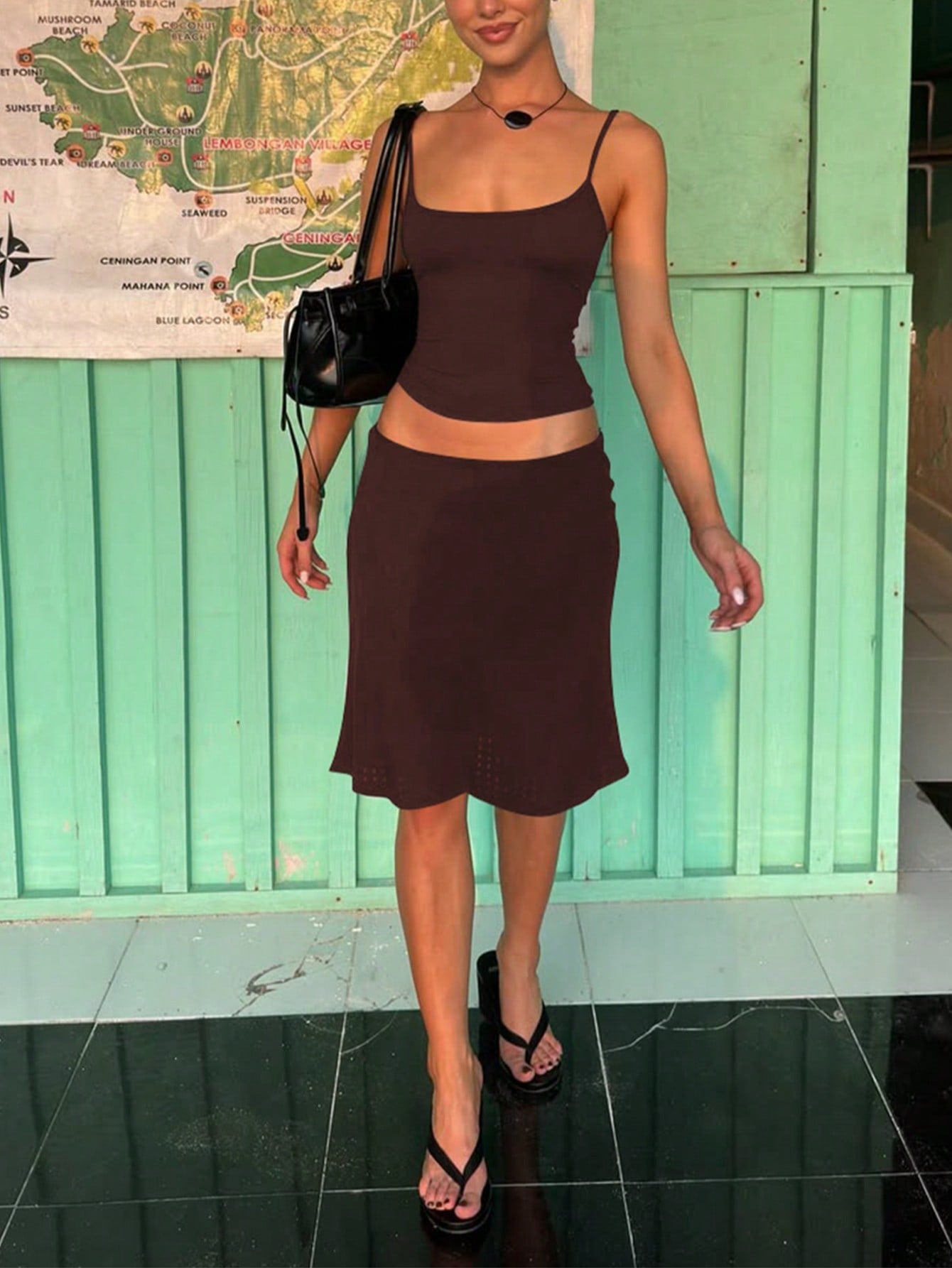 Women's Casual Fitted Solid Color Camisole And Skirt Basic Street Style Vacation Everyday 2-Piece Set Black Summer Elegant