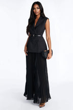 Aria Belted Blazer Pleated Maxi Skirt Set - Black