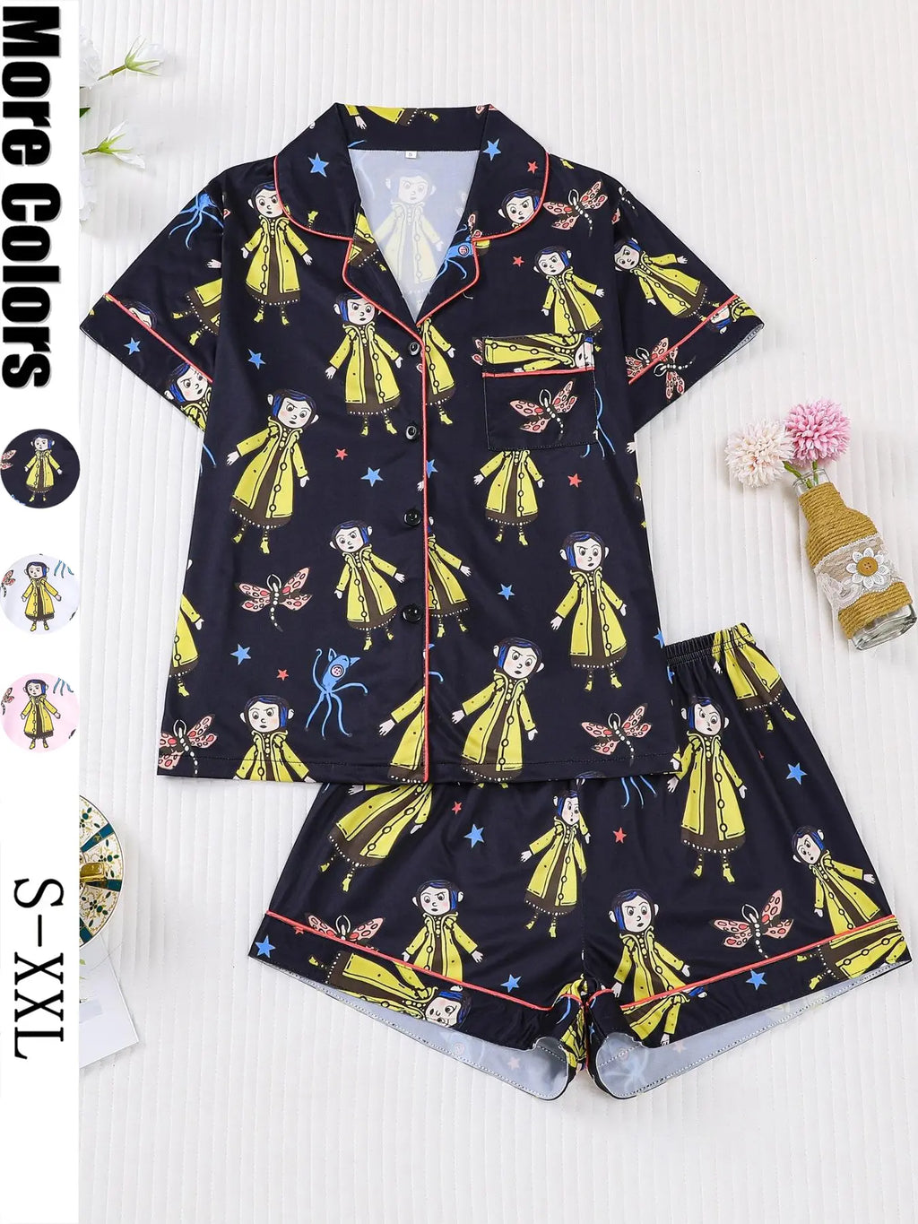 Women's Monkey Print Pajama Set, Short Sleeve Button Front Top & Elastic Shorts