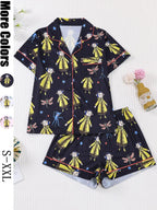 Women's Monkey Print Pajama Set, Short Sleeve Button Front Top & Elastic Shorts