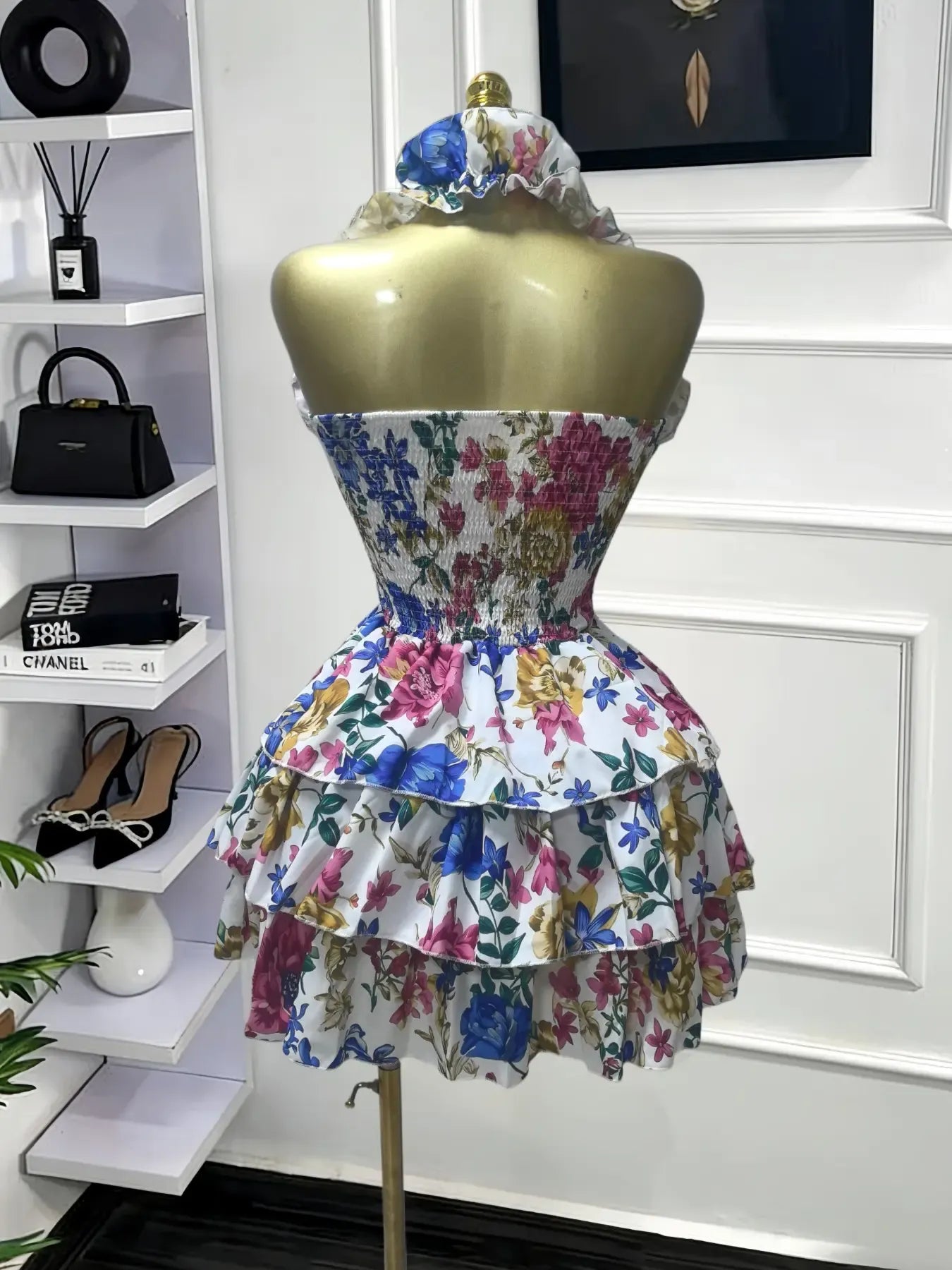 Elegant Women Sweet Sexy Club Party Outfit Dress, Women's Floral Print Backless Strapless Layered Ruffle Mini Prom Dress,Lady Casual Dresses,Female Brunch Dresses,Graduation Dress, Floral Evening Dress