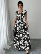 Elenzga Women V-Neck Allover Print Casual Long Dress