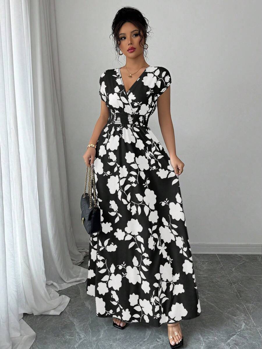Elenzga Women V-Neck Allover Print Casual Long Dress