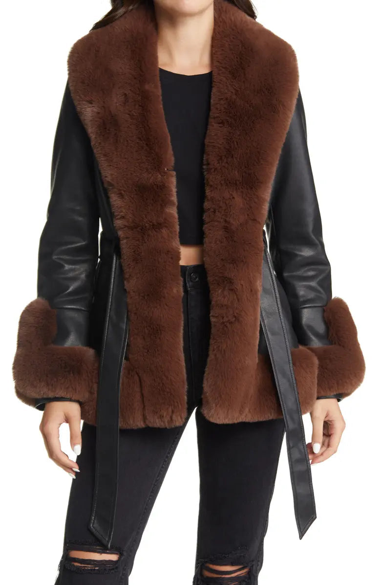 Clearance Sale*KENZY FUR TRIM PEPLUM MOTO IN BLACK BROWN