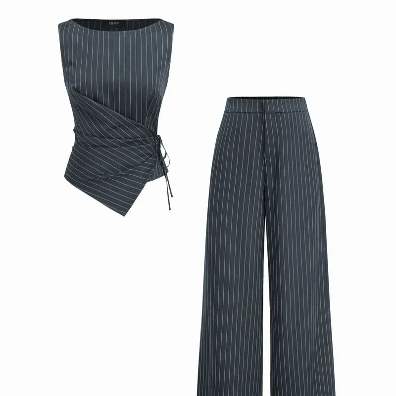 Cider Boat Neck Striped Wrap Knotted Top & Mid Rise Straight Leg Trousers Set– Office & Weekend Casual SwimWeek