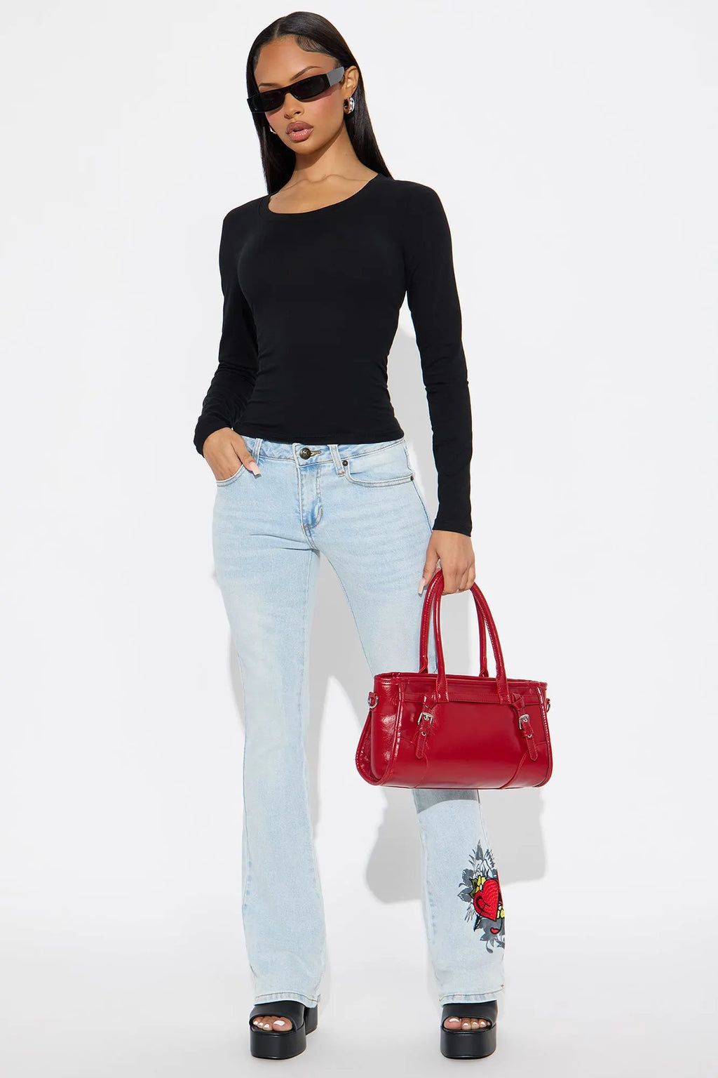 Elise Round Neck Long Sleeve Top - Black