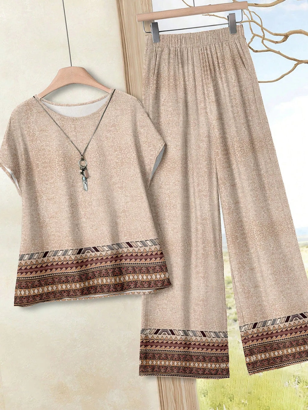 Women's Navy Blue Floral Summer Boho Casual Vacation Holiday 2 Pieces Outfits Plants-Pattern Pants And Round Neck Batwing Sleeve Blouse Woven Set