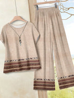 Women's Navy Blue Floral Summer Boho Casual Vacation Holiday 2 Pieces Outfits Plants-Pattern Pants And Round Neck Batwing Sleeve Blouse Woven Set