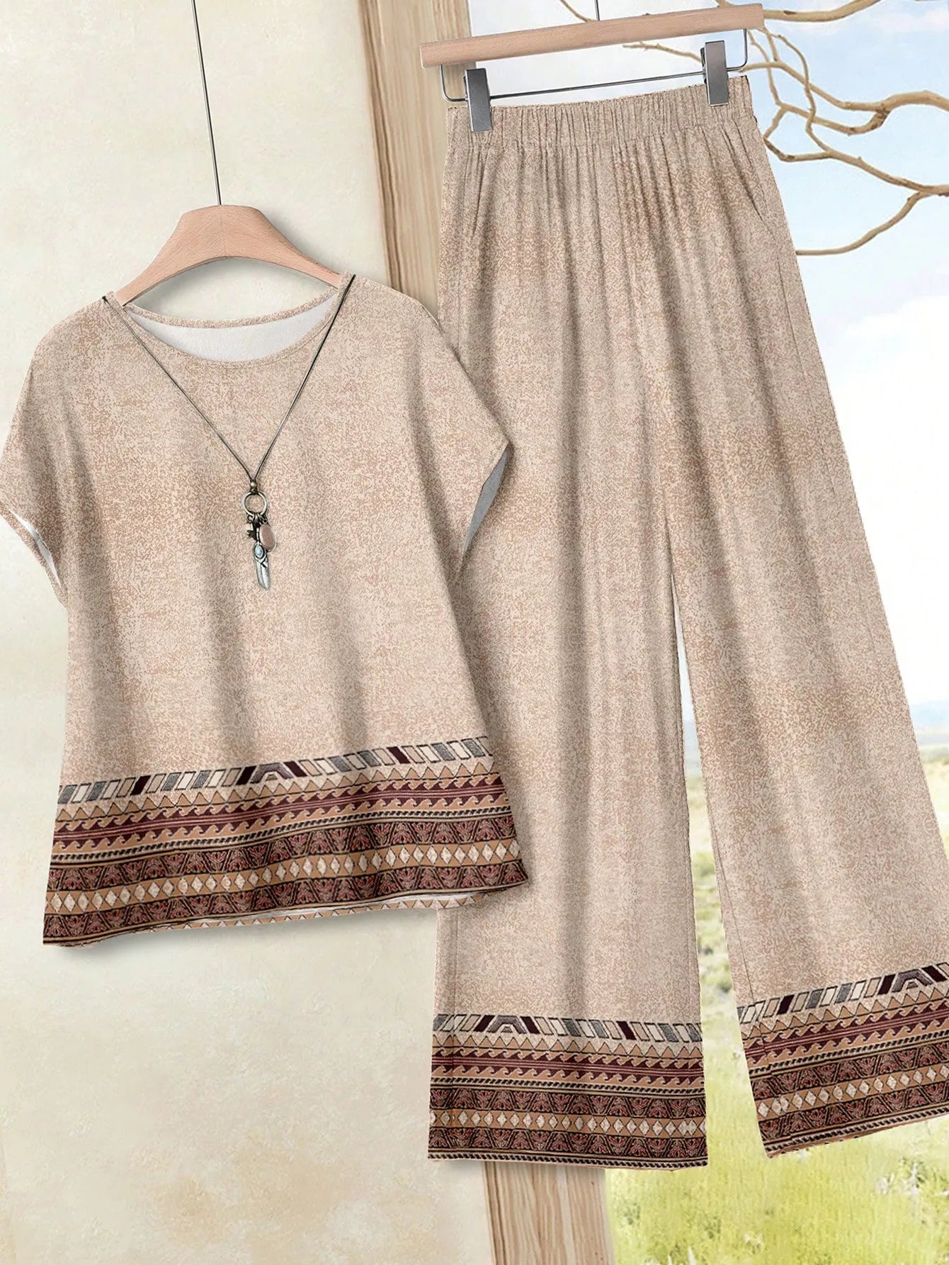 Women's Navy Blue Floral Summer Boho Casual Vacation Holiday 2 Pieces Outfits Plants-Pattern Pants And Round Neck Batwing Sleeve Blouse Woven Set