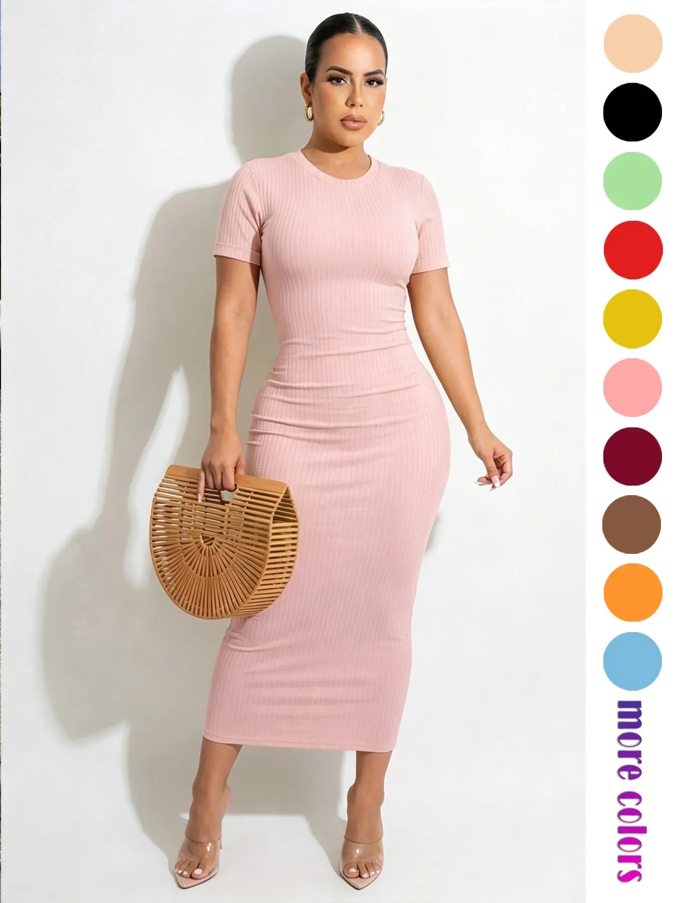 Threaded Elastic Solid Color Bodycon Dress, Breathable Elastic Party Outing Travel Pocket Long Dress, Summer Dress, Everyday Casual Wear, Womenswear